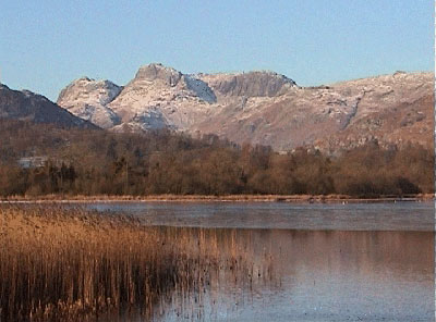 View back across Elter Water towards the Langdale Pikes