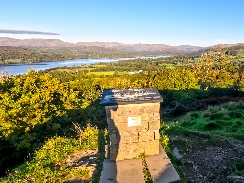 The view over the Alfred Wainwright commemorative plaque on Orrest Head summit