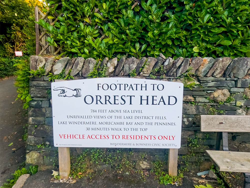 Footpath to Orrest Head sign by the A591 in Windermere