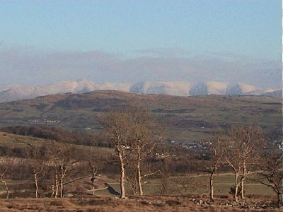 View off the eastern side of the Scar towards the snow clad Howgills