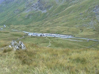 View down to car park with the start of Red Screes rising up behind it