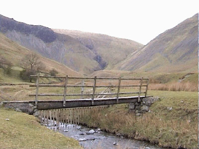 Footbridge with Cautley Spout in the background