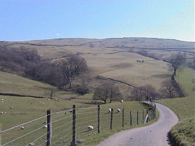 Path leaving the farm with the way ahead visible on the hillside opposite